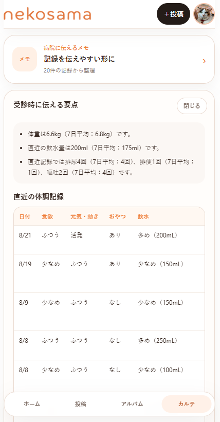 病院に伝えるメモ画面